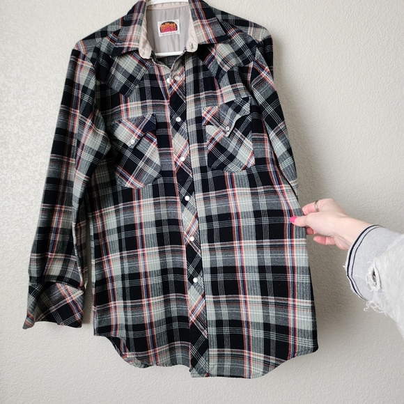 MILLER WESTERN WEAR‎ x VINTAGE 70's pearlized snap button up shirt red blue - Picture 5 of 7